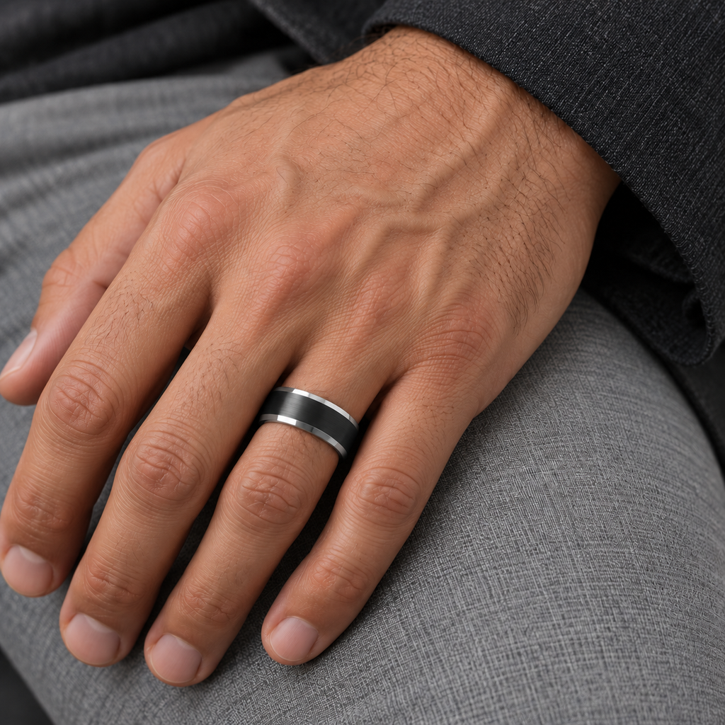 Beveled Edge with Black Brushed Carbide Tungsten Wedding Band (6mm) — male hand wearing wedding band