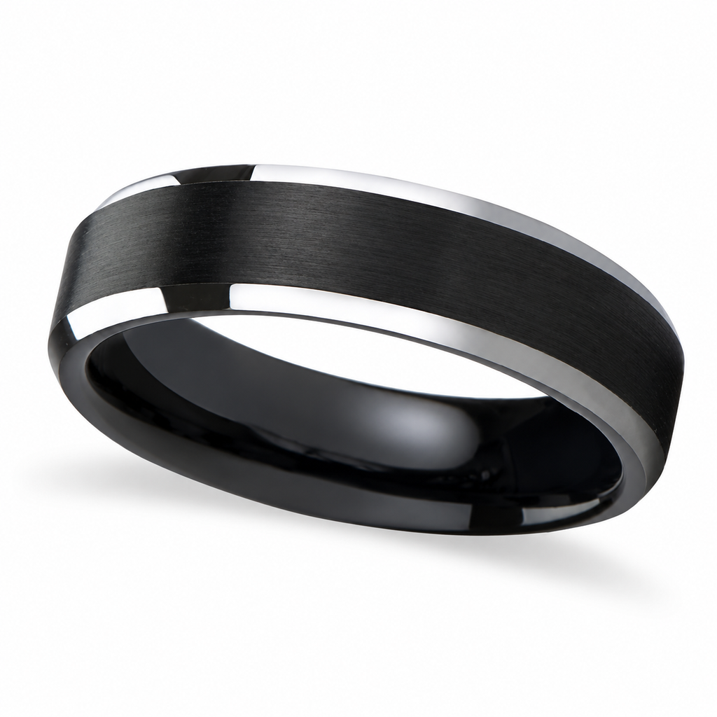 Beveled Edge with Black Brushed Carbide Tungsten Wedding Band (4mm) — Angled product view on white