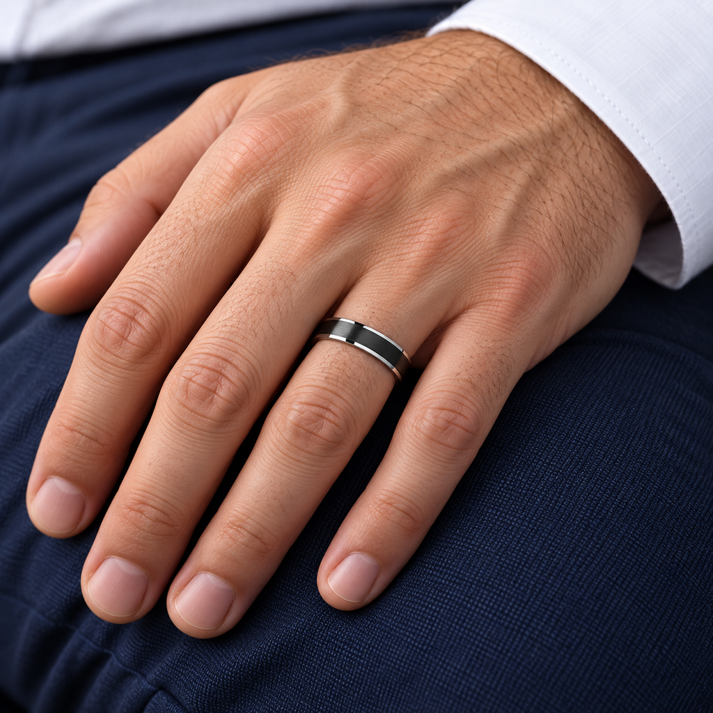 Beveled Edge with Black Brushed Carbide Tungsten Wedding Band (4mm) — male hand wearing wedding band