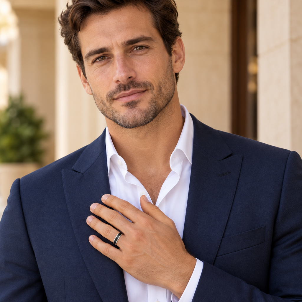 Beveled Edge with Black Brushed Carbide Tungsten Wedding Band (4mm) — male portrait wearing wedding band