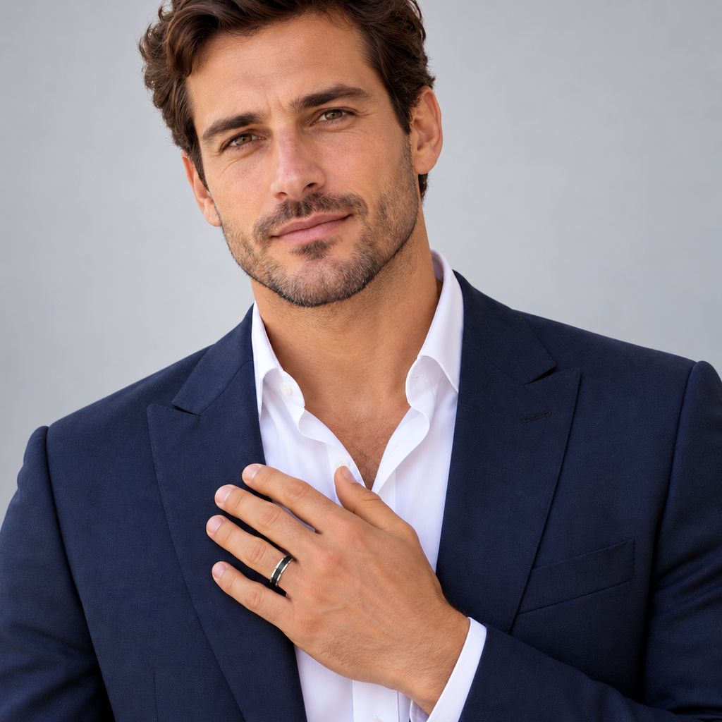 Beveled Edge with Black Brushed Carbide Tungsten Wedding Band (4mm) — Male studio portrait wearing wedding band