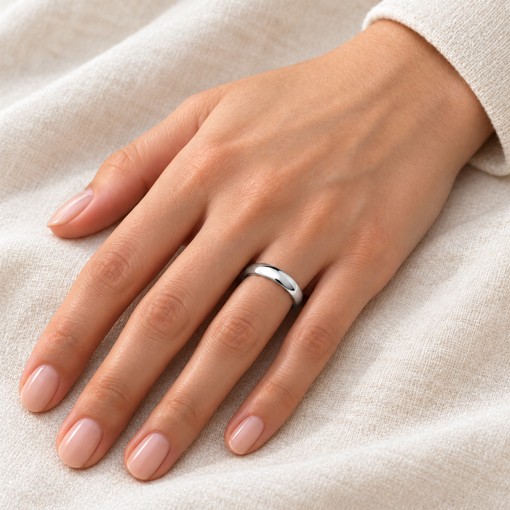 Domed Tungsten Carbide Wedding Band (4mm) - female hand wearing the band