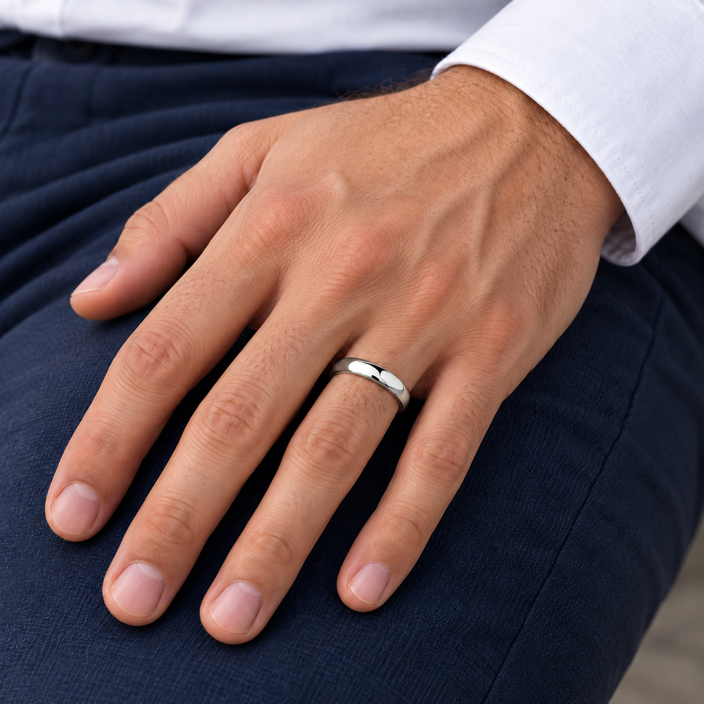 Domed Tungsten Carbide Wedding Band (4mm) - male hand wearing the band