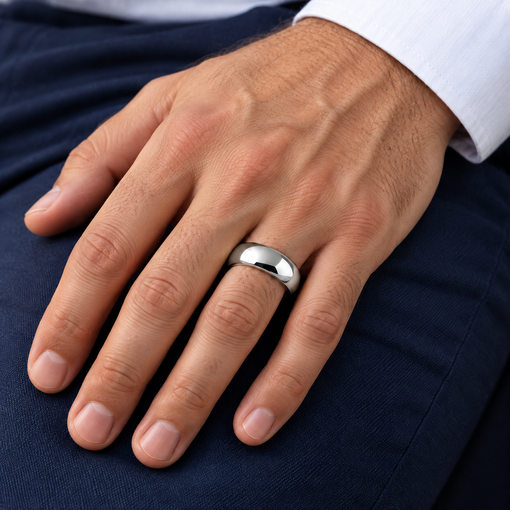 Domed Tungsten Carbide Wedding Band (8mm) - male hand wearing the band
