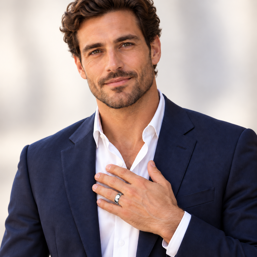 Domed Tungsten Carbide Wedding Band (8mm) - male model wearing the band