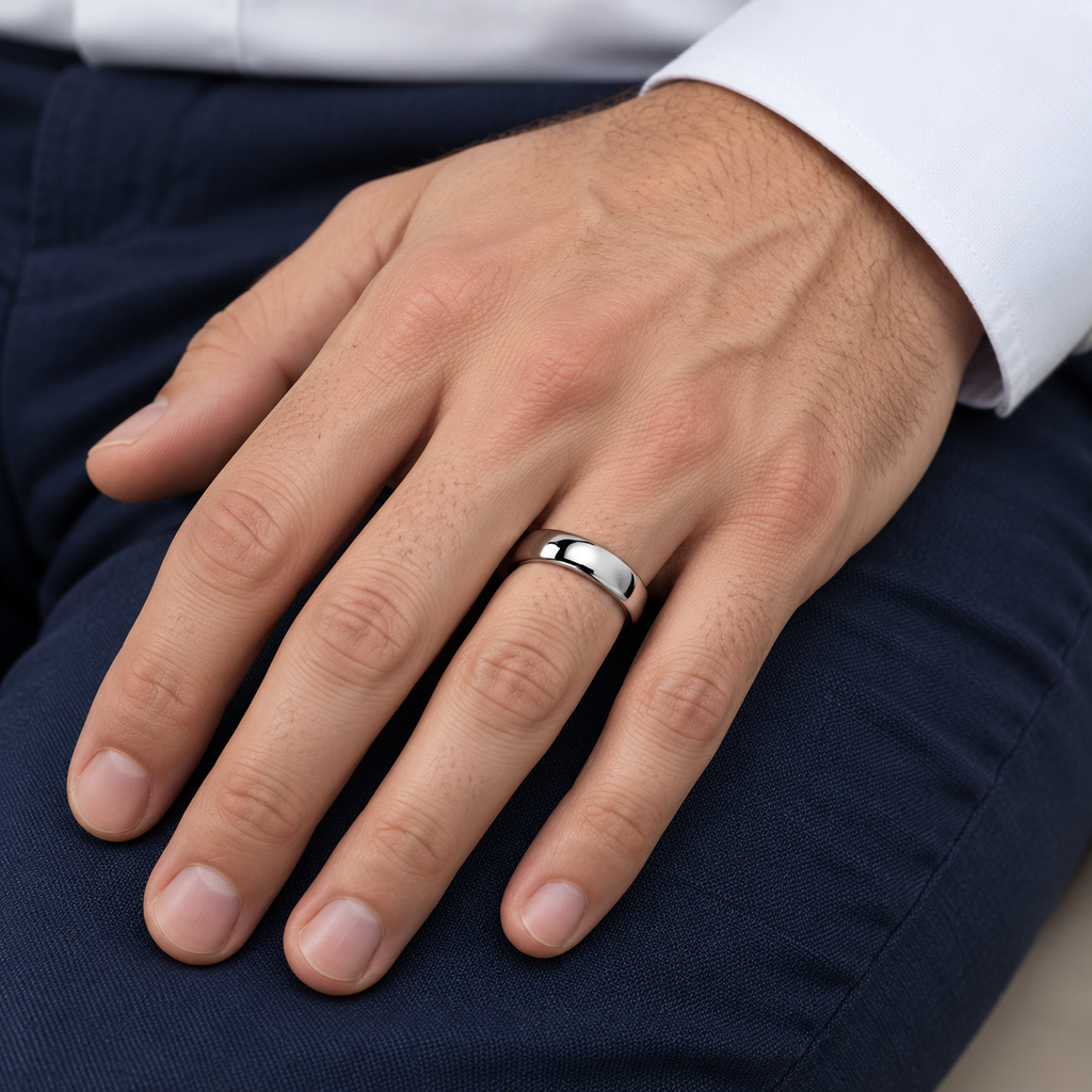 Domed Tungsten Carbide Wedding Band (6mm) — Male hand wearing wedding band