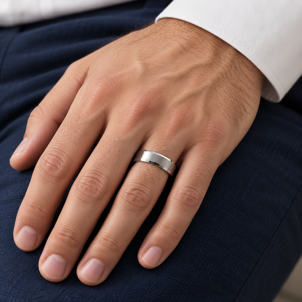 Brushed Center Beveled Tungsten Wedding Band (6mm) — male hand wearing wedding band