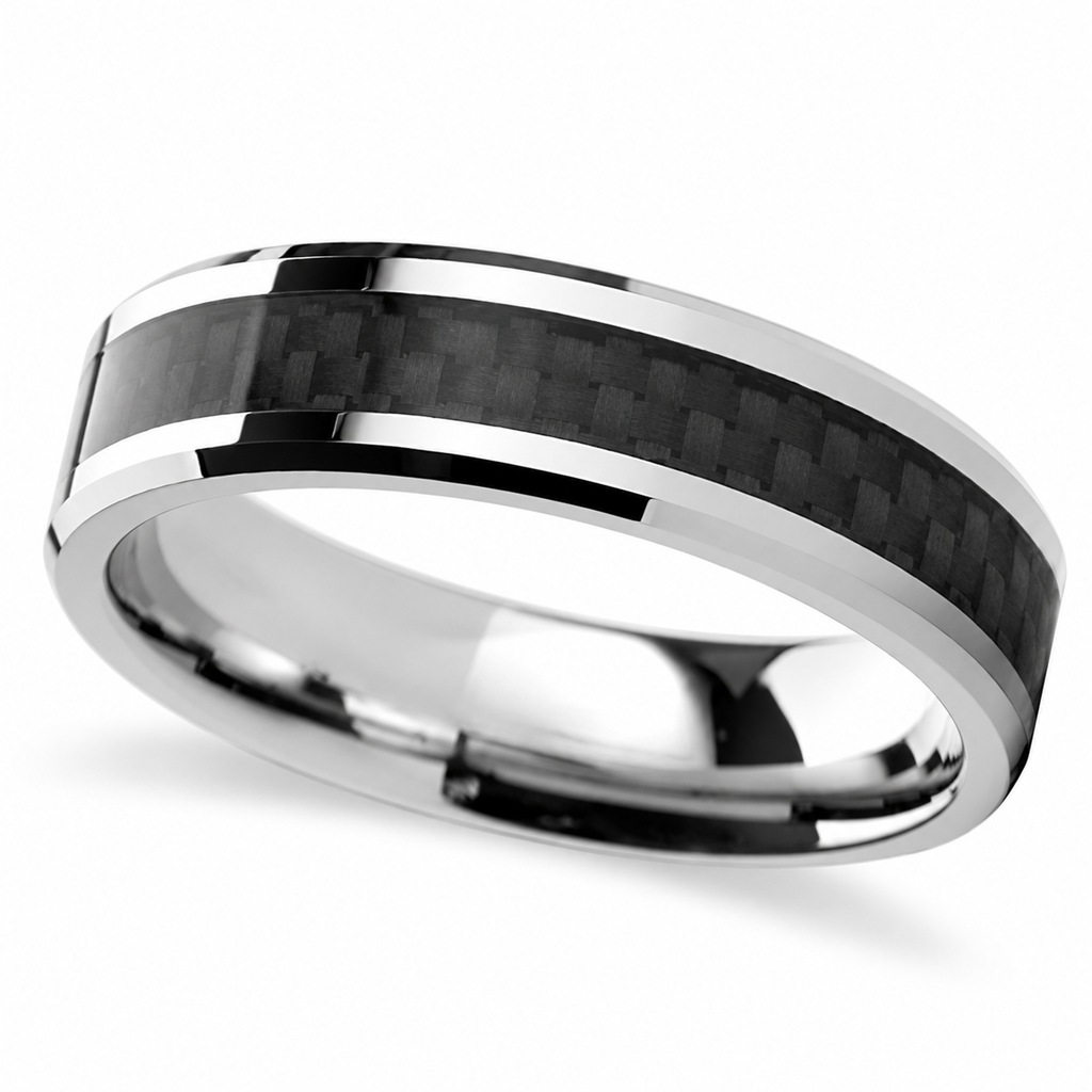 Black Carbon Fiber Inlay Carbide Tungsten Wedding (6mm) — Angled product view on white