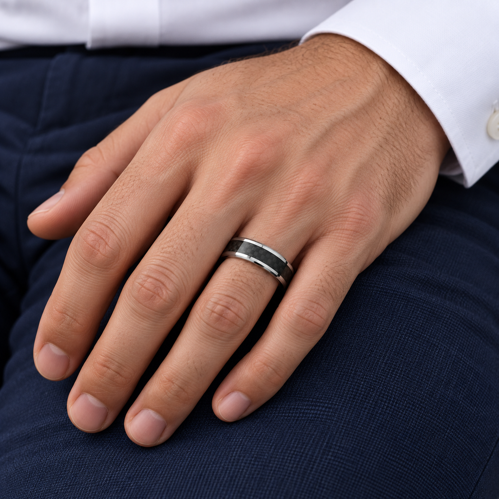 Black Carbon Fiber Inlay Carbide Tungsten Wedding (6mm) — male hand wearing wedding band