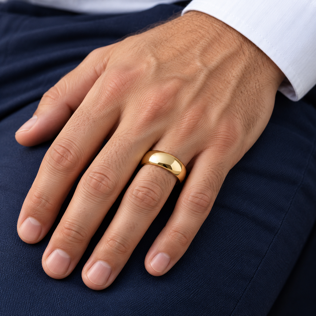Domed Gold Tungsten Wedding Band (8mm) — Male hand wearing wedding band