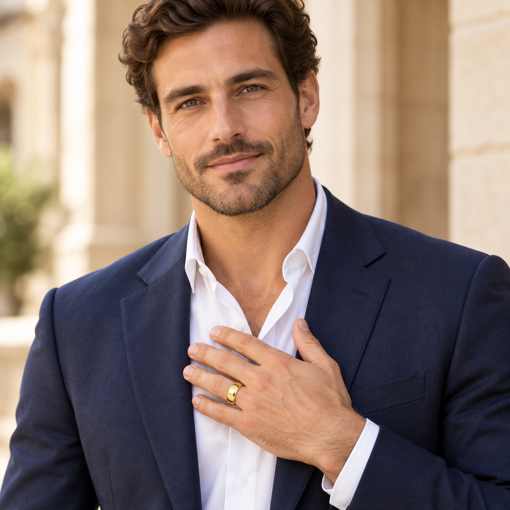 Domed Gold Tungsten Wedding Band (8mm) — Male portrait wearing wedding band