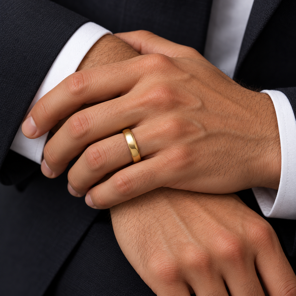 Domed Gold Tungsten Wedding Band (6mm) — Male hand close-up with ring at base of ring finger