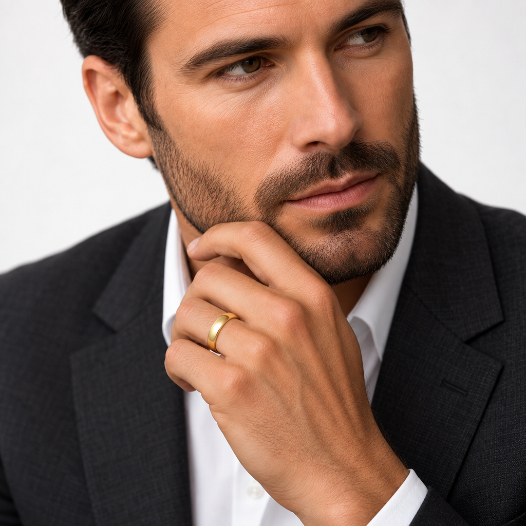 Domed Gold Tungsten Wedding Band (6mm) — Male model wearing wedding band on light studio background