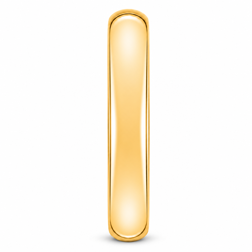 4mm domed gold tungsten wedding band — upright edge-on view with natural shadow