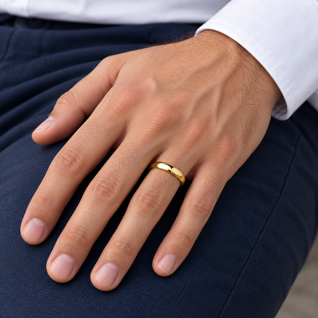 Domed Gold Tungsten Wedding Band (4mm) — Male hand wearing wedding band