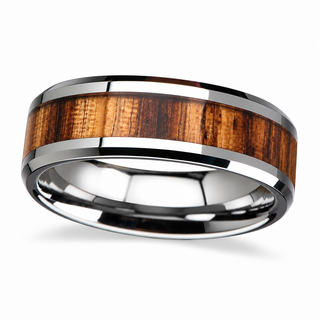 Beveled Edges and Real Zebra Wood Inlay Tungsten Wedding Band (8mm) — Angled product view on white