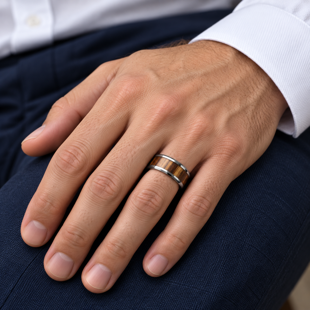 Beveled Edges and Real Zebra Wood Inlay Tungsten Wedding Band (8mm) — male hand wearing wedding band