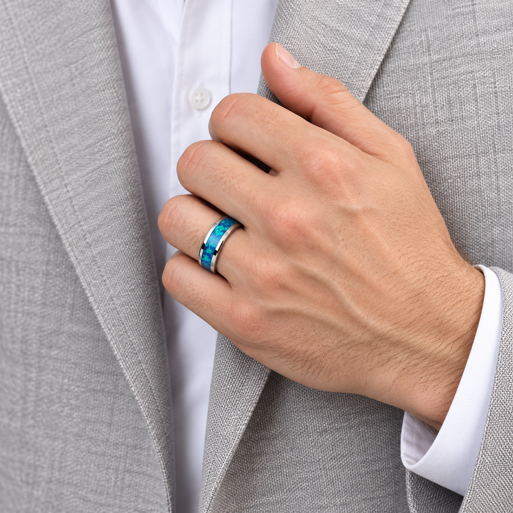 Blue Green Opal Inlay Tungsten Wedding Band (8mm) — Male hand close-up with ring at base of ring finger