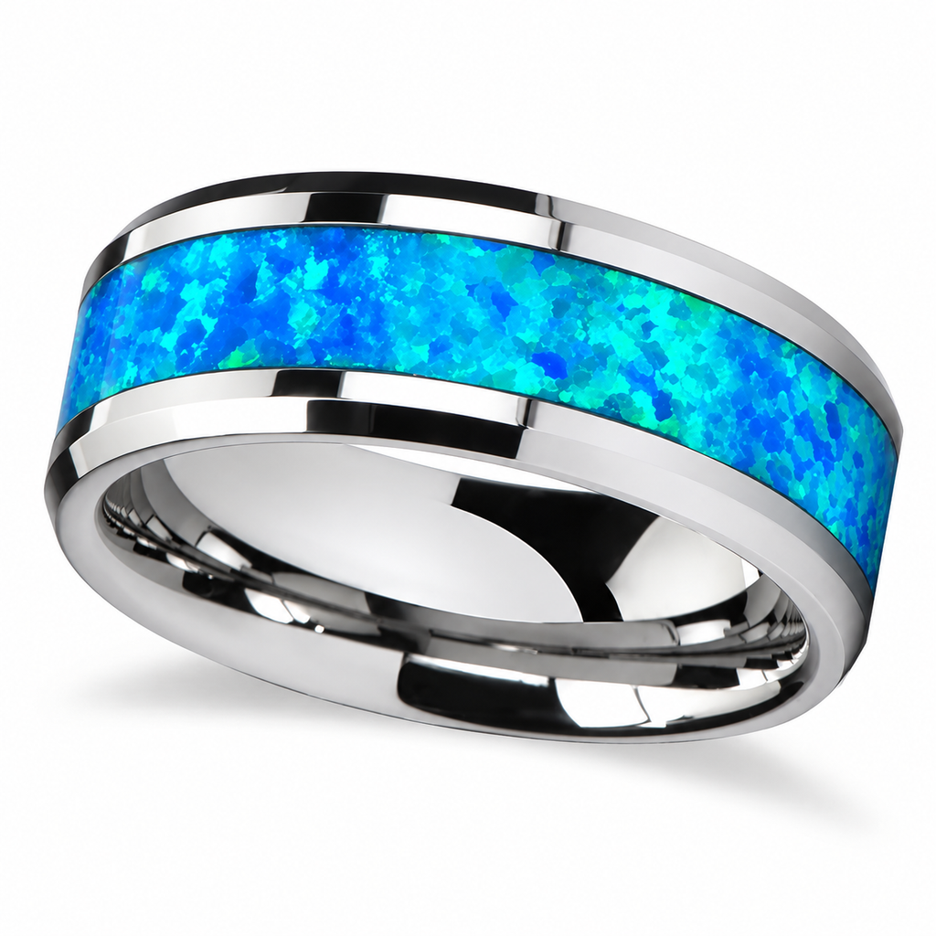 Blue Green Opal Inlay Tungsten Wedding Band (8mm) — Angled product view on white