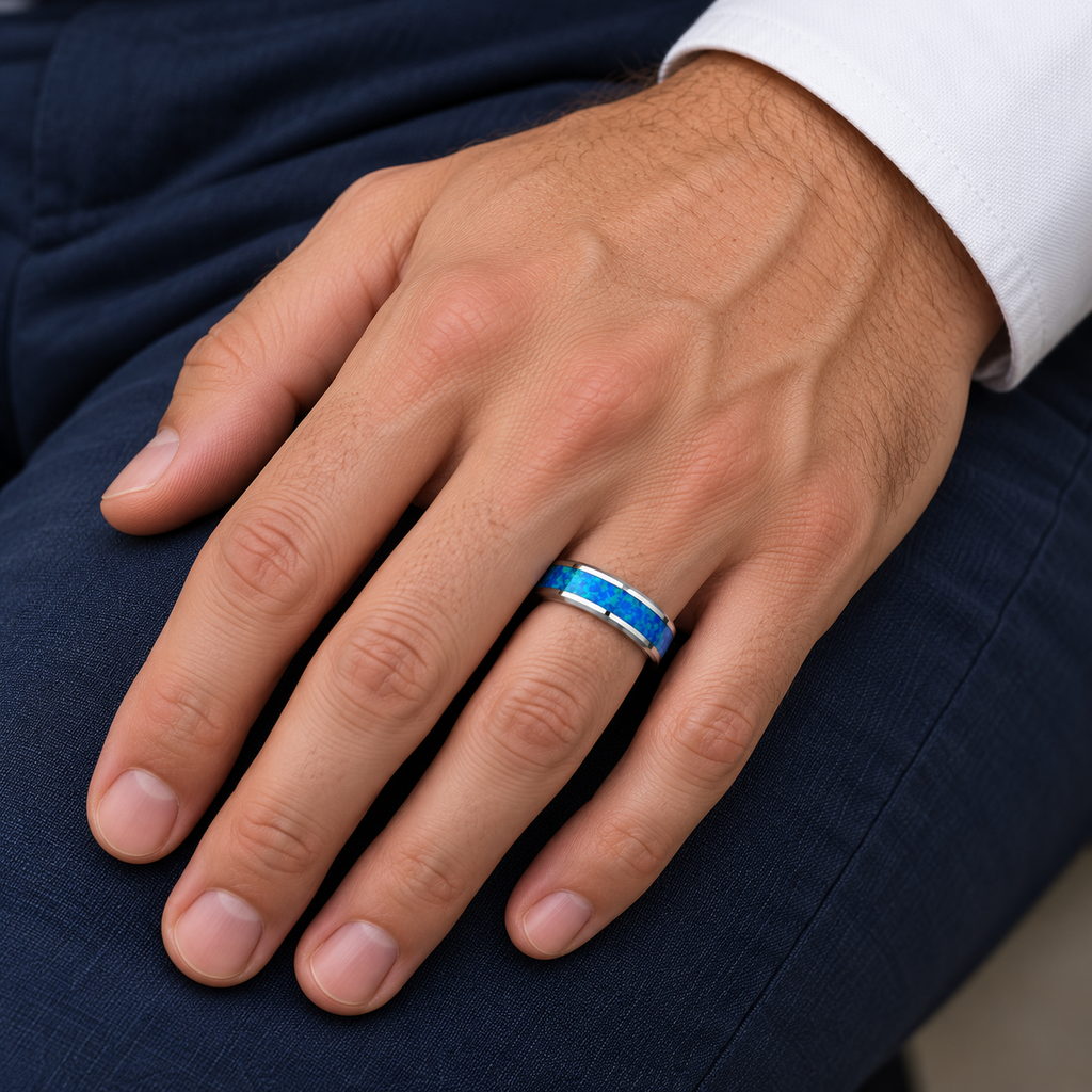 Blue Green Opal Inlay Tungsten Wedding Band (6mm) — Male hand wearing wedding band