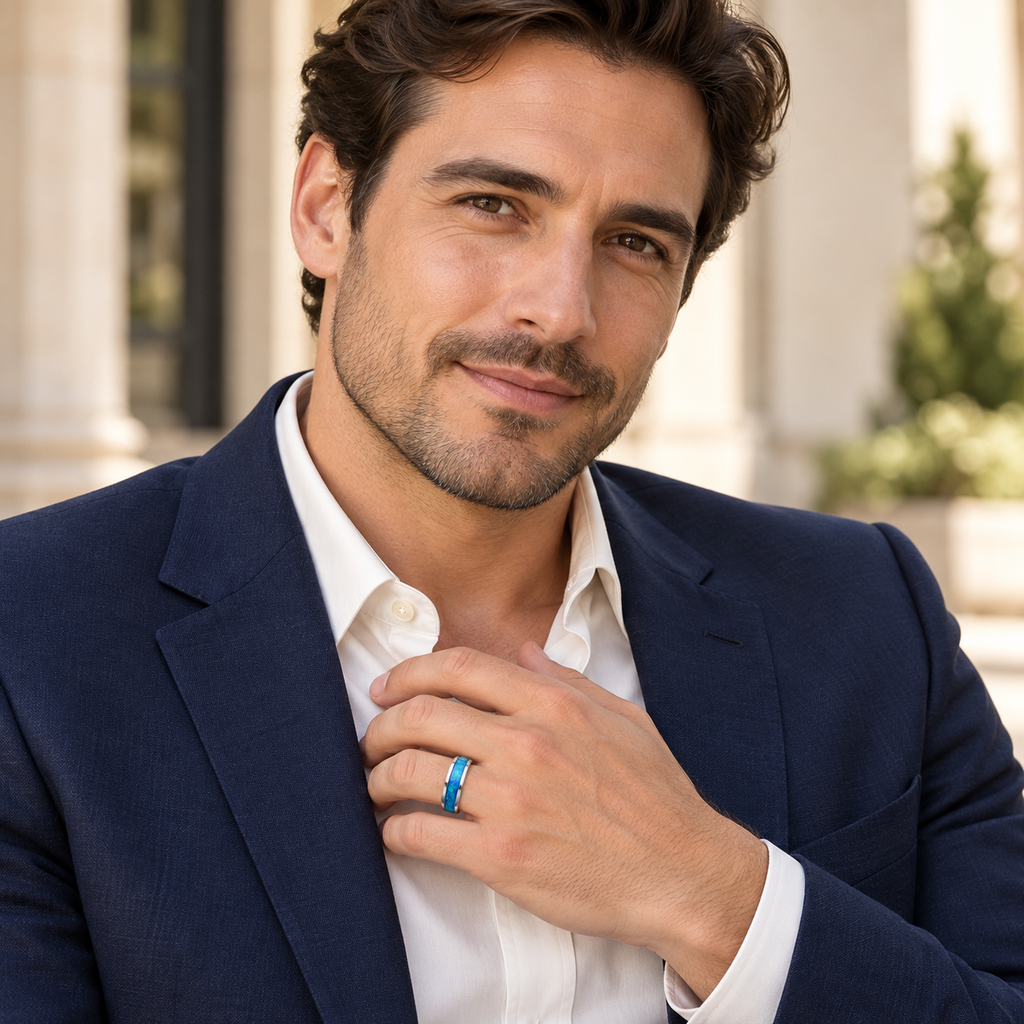 Blue Green Opal Inlay Tungsten Wedding Band (6mm) — Male portrait wearing wedding band
