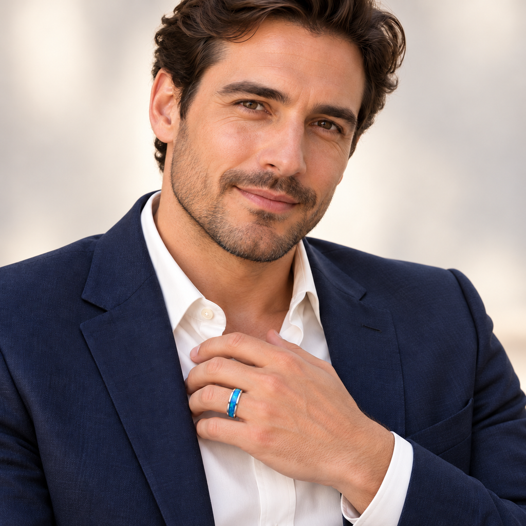 Male portrait wearing 6mm blue-green opal inlay tungsten wedding band in studio