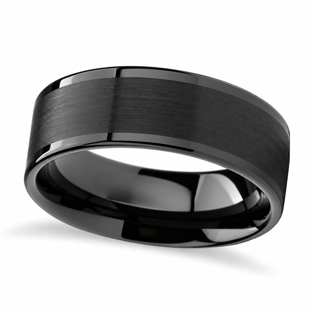 Brushed Center & Polished Edges Black Tungsten Wedding Band (7mm) — Angled product view on white