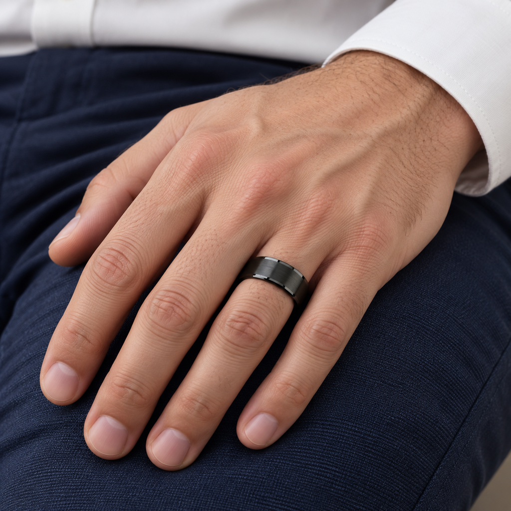 Brushed Center & Polished Edges Black Tungsten Wedding Band (7mm) — Male hand wearing wedding band
