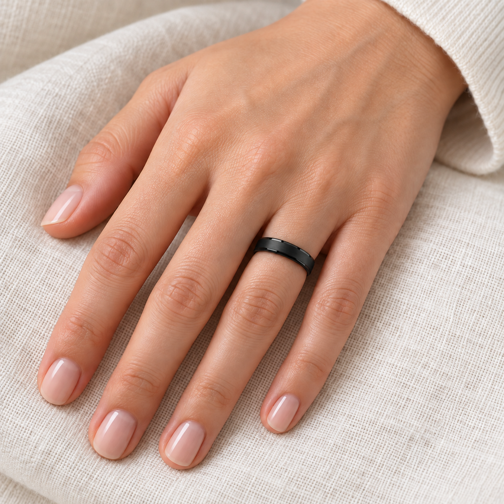 Brushed Center & Polished Edges Black Tungsten Wedding Band (4mm) — Female hand wearing wedding band