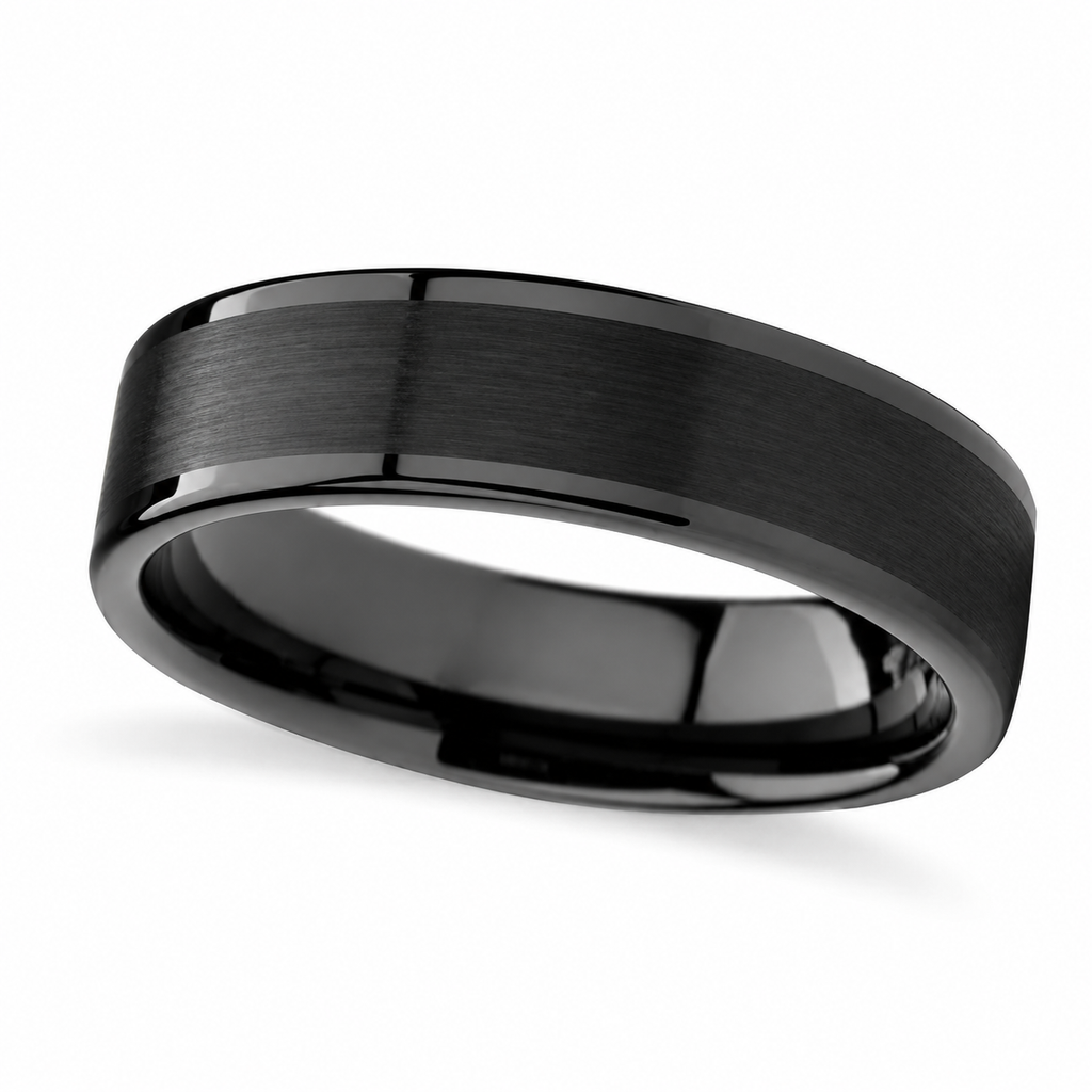Brushed Center & Polished Edges Black Tungsten Wedding Band (4mm) — Angled product view on white