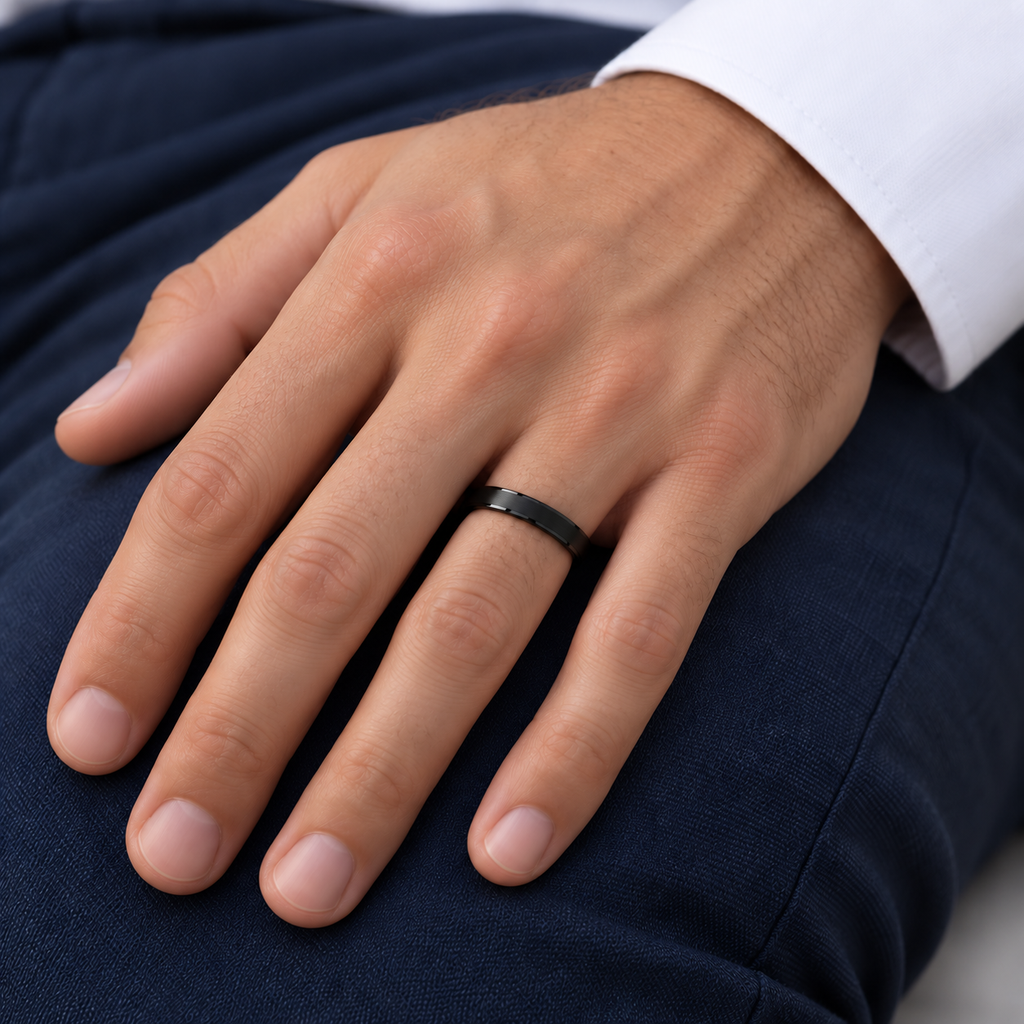 Brushed Center & Polished Edges Black Tungsten Wedding Band (4mm) — Male hand wearing wedding band