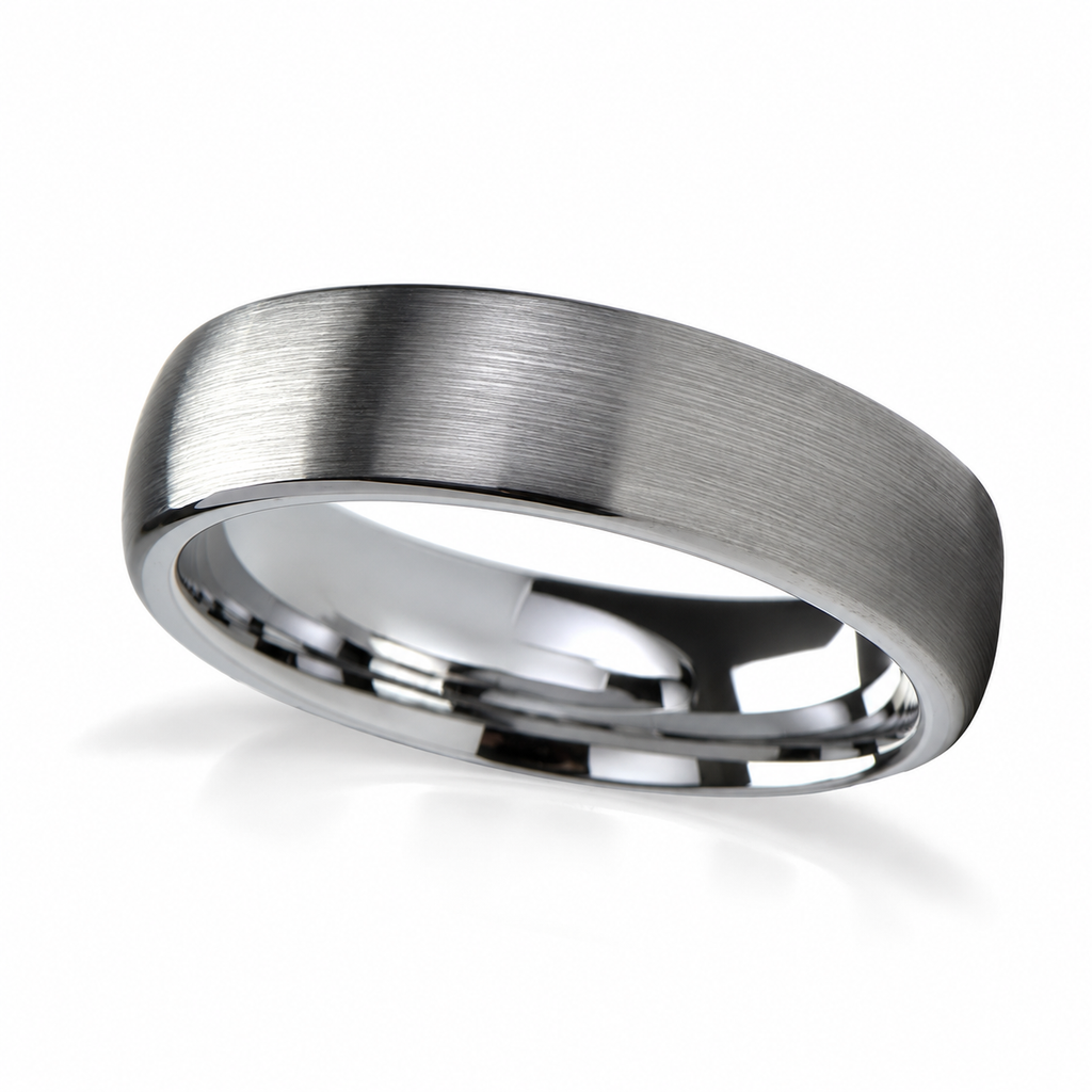 Brushed Finish Rounded Carbide Tungsten Wedding Band (6mm) — Angled product view on white