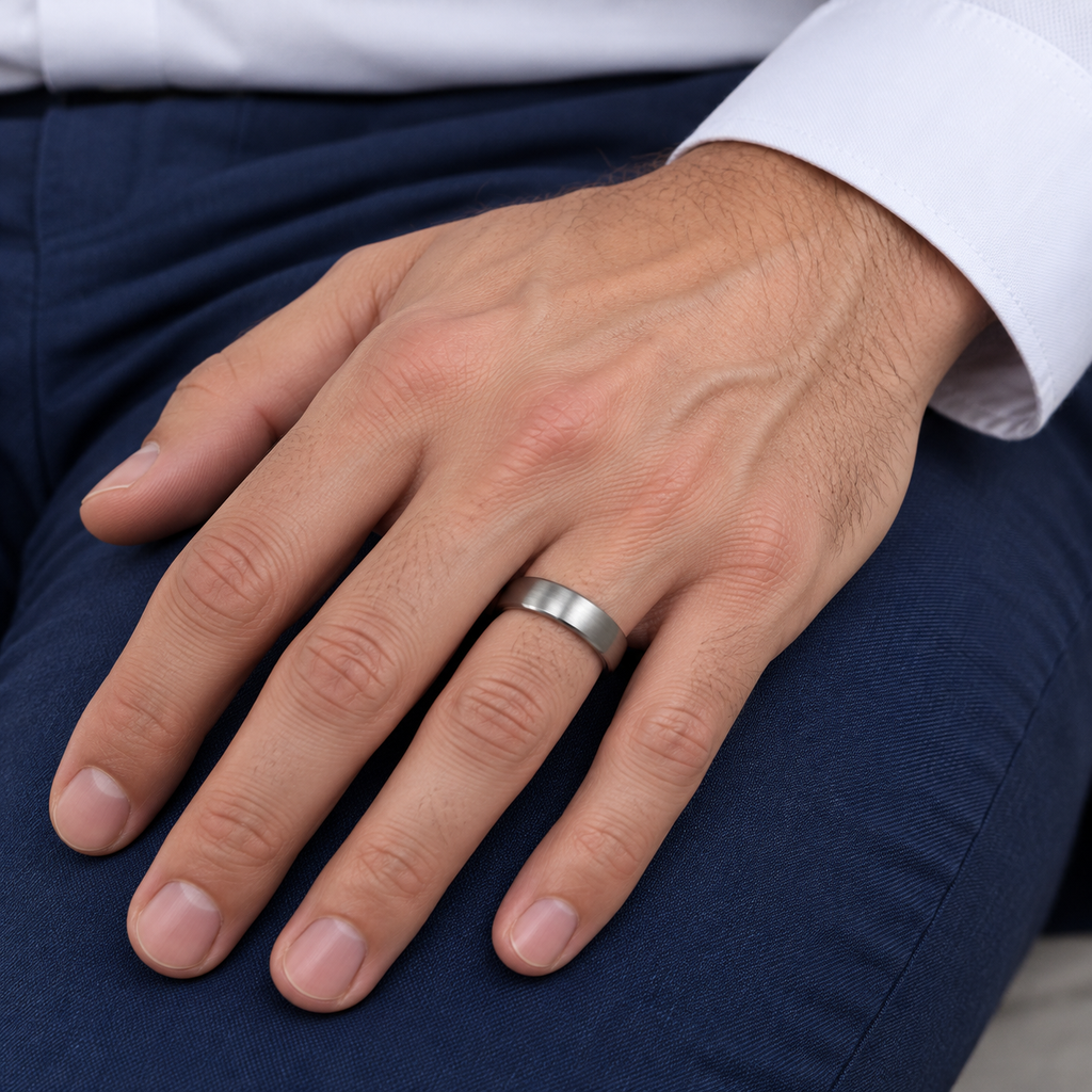 Brushed Finish Rounded Carbide Tungsten Wedding Band (6mm) — Male hand wearing wedding band