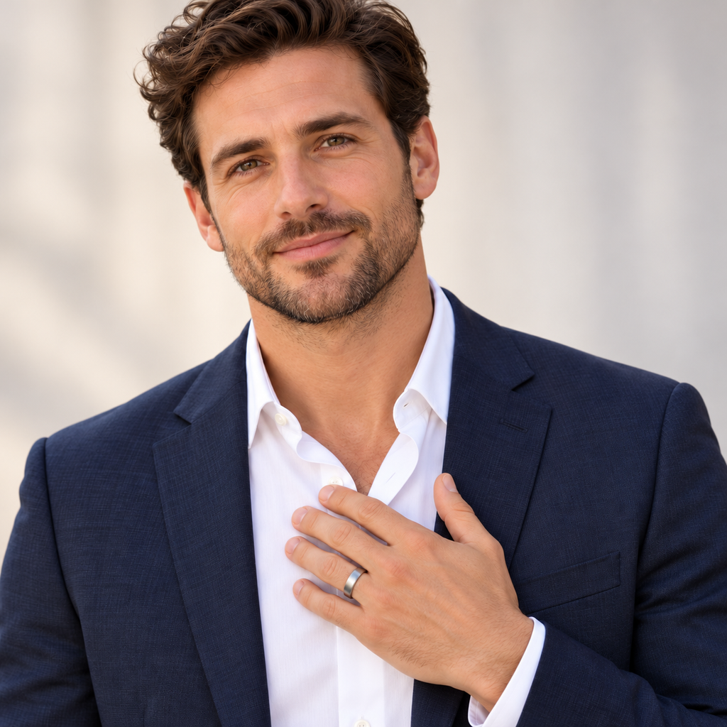Male portrait wearing 6mm rounded brushed tungsten wedding band in studio