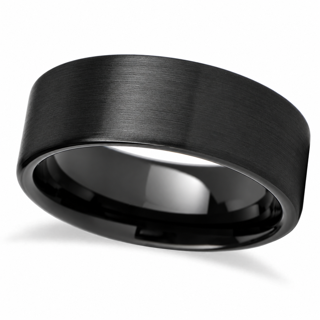 Brushed Finish Flat Carbide Black Tungsten Wedding Band (8mm) — Angled product view on white