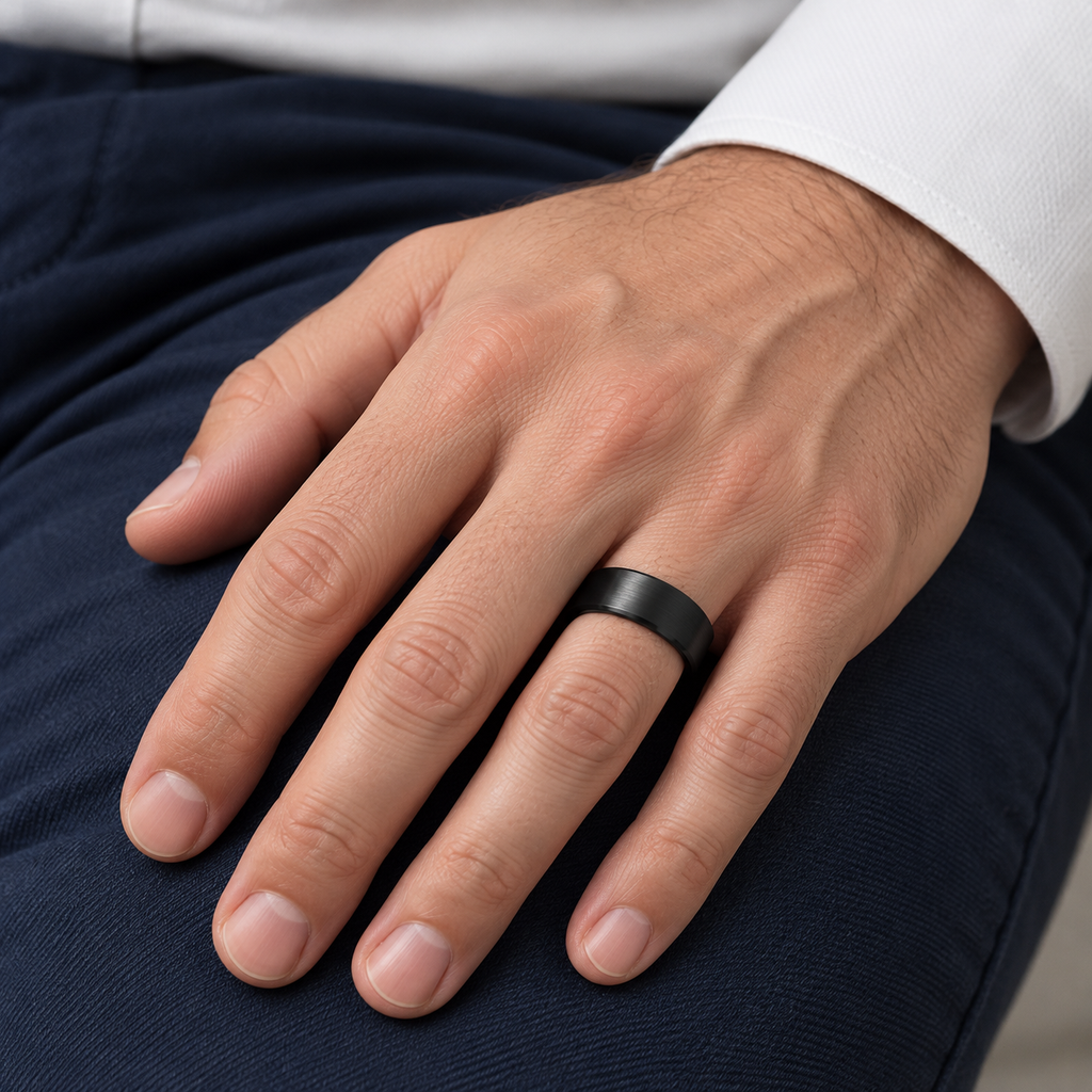 Brushed Finish Flat Carbide Black Tungsten Wedding Band (8mm) — Male hand wearing wedding band