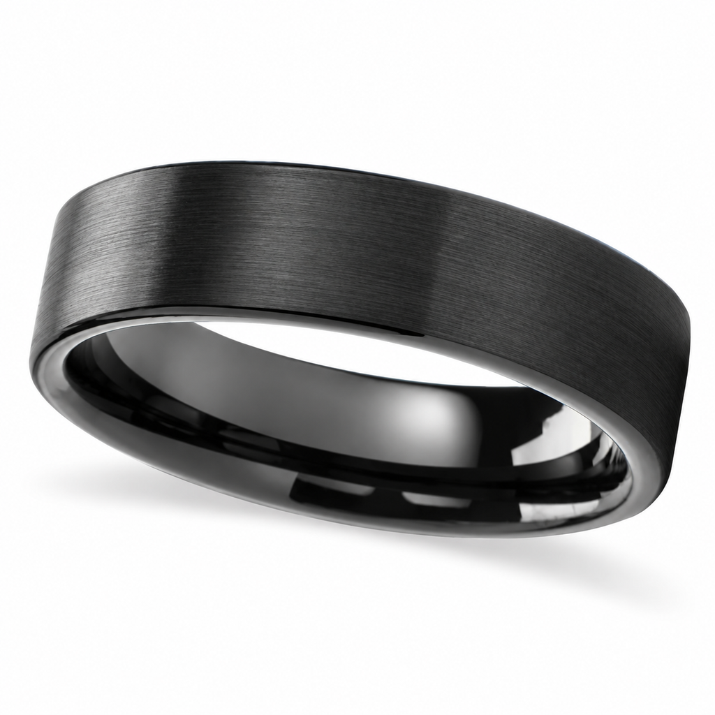 Brushed Finish Flat Carbide Black Tungsten Wedding Band (6mm) — Angled product view on white