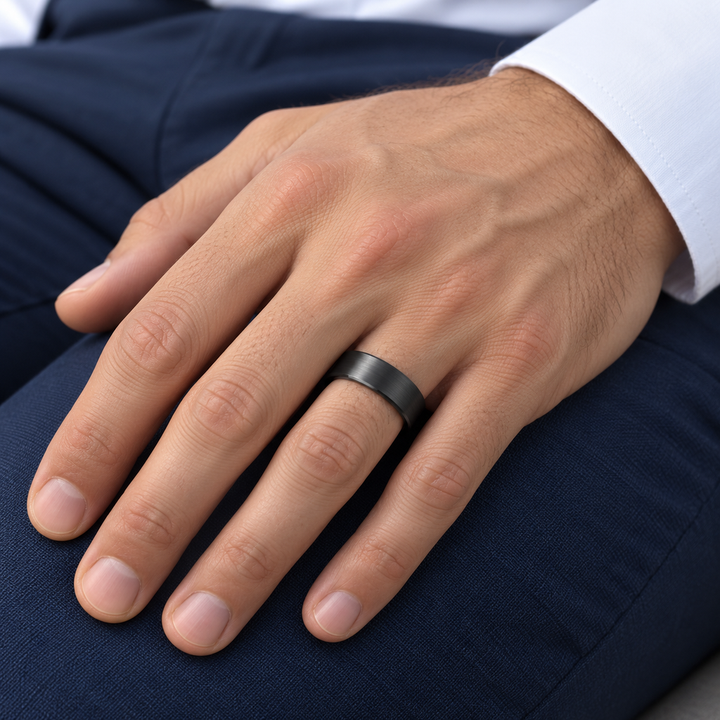 Brushed Finish Flat Carbide Black Tungsten Wedding Band (6mm) — Male hand wearing wedding band
