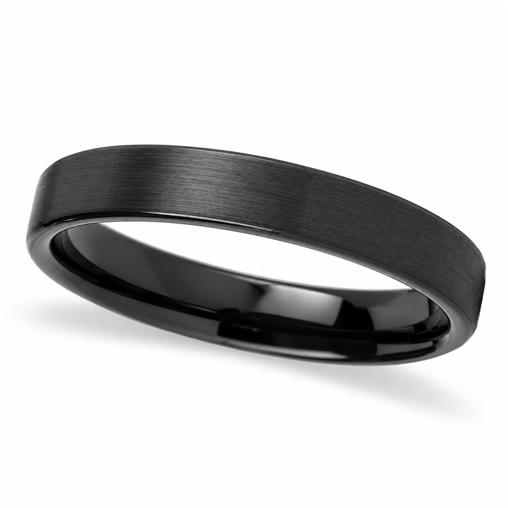 Brushed Finish Flat Carbide Black Tungsten Wedding Band (4mm) — Angled product view on white