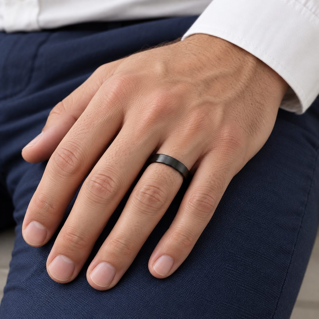 Brushed Finish Flat Carbide Black Tungsten Wedding Band (4mm) — male hand wearing wedding band