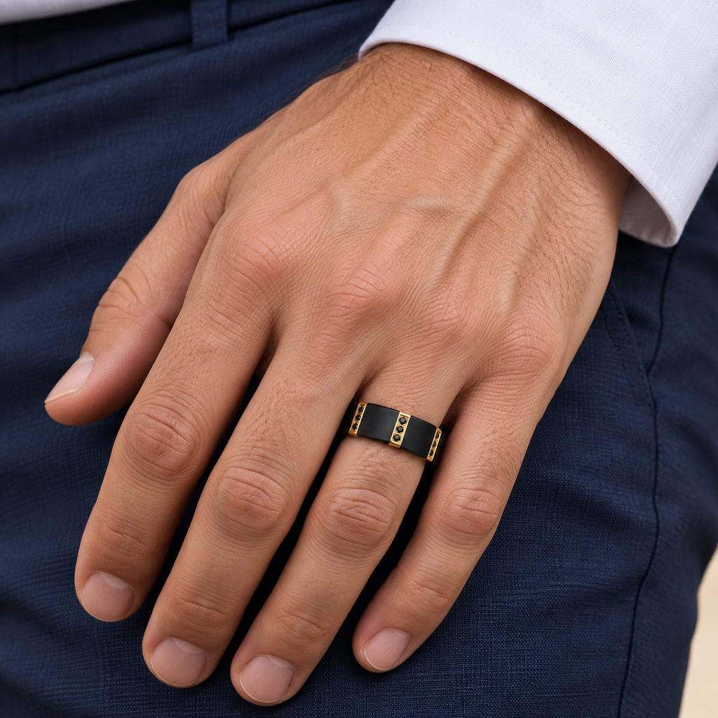 Brushed Gold Plated Bezels & Black Diamond Tungsten Wedding Band (8mm) — Male hand wearing wedding band