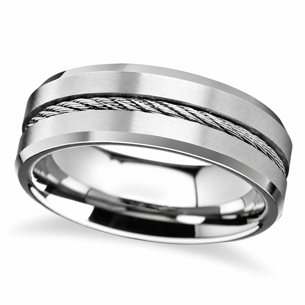 Steel Wire Cable Inlay & Beveled Edges Tungsten Wedding Band (8mm) — Angled product view on white