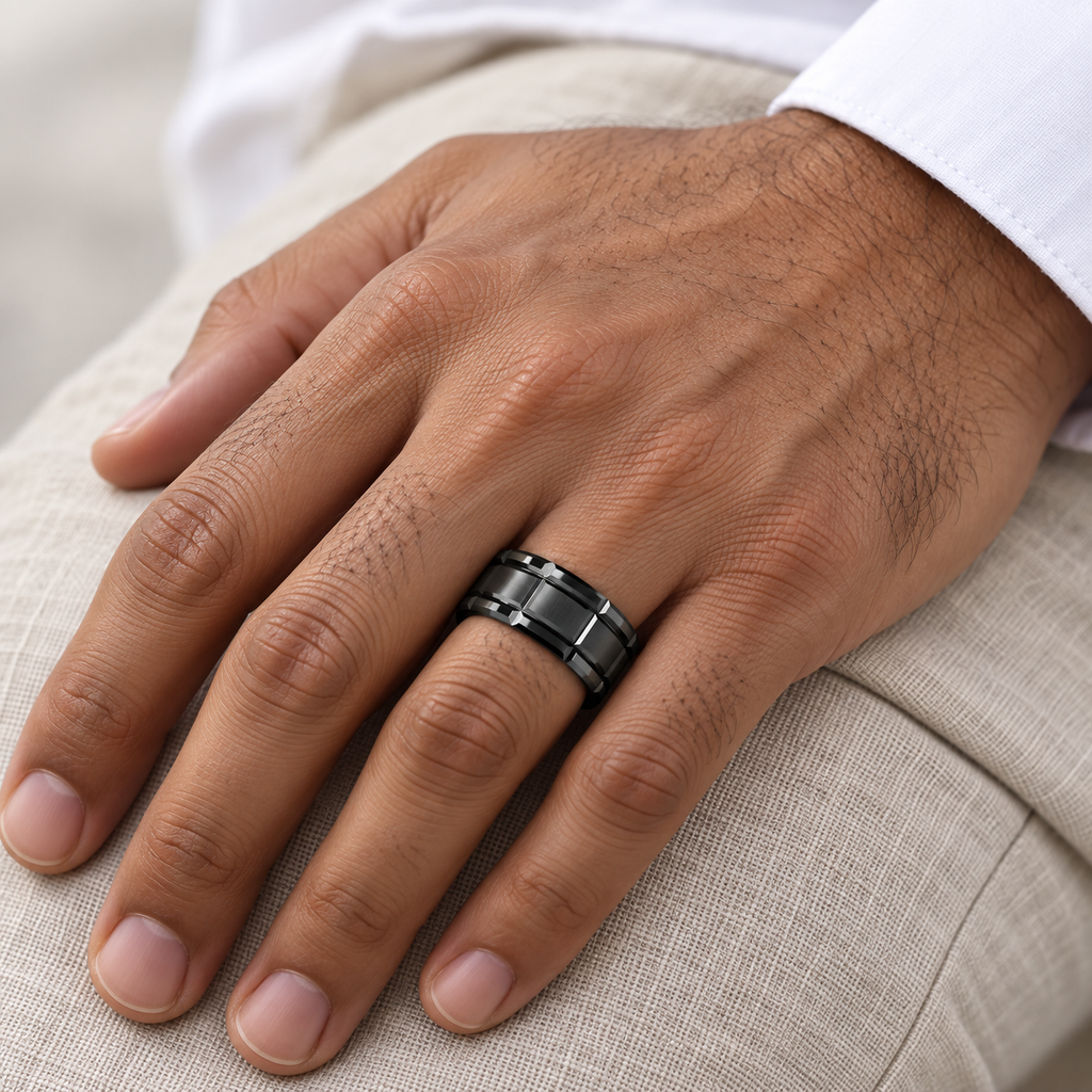 Brushed Center and Beveled Carbide Black Tungsten Wedding Band (10mm) — Male hand close-up with ring at base of ring finger