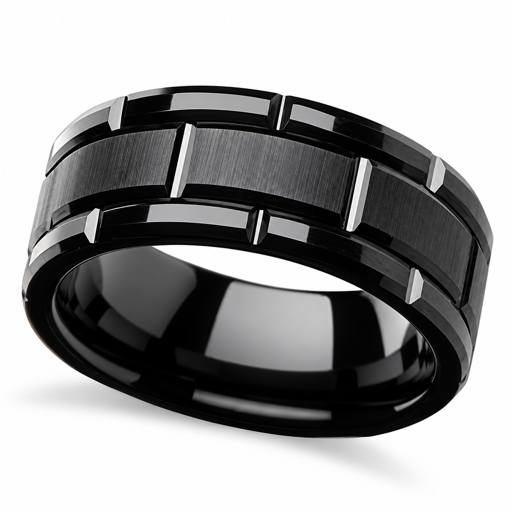 Brushed Center and Beveled Carbide Black Tungsten Wedding Band (10mm) — Angled product view on white
