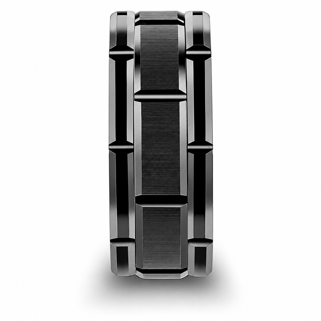 Brushed Center and Beveled Carbide Black Tungsten Wedding Band (10mm) — Edge-on product profile on white