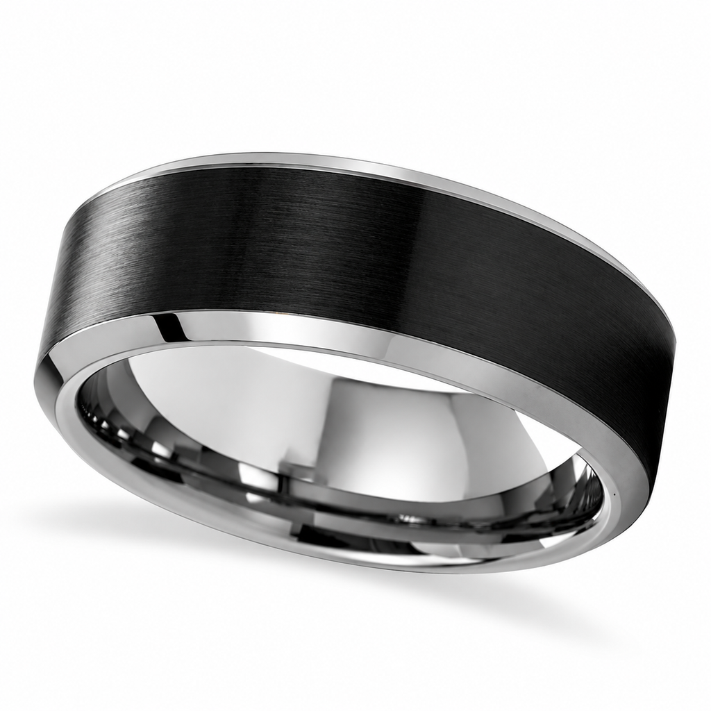 Beveled Brush Black Ceramic Center Tungsten Carbide Wedding Band (8mm) — Angled product view on white