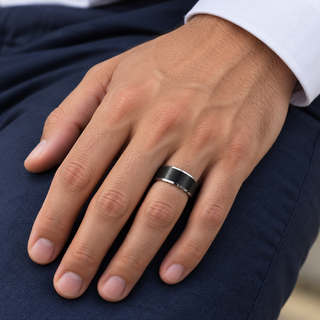 Beveled Brush Black Ceramic Center Tungsten Carbide Wedding Band (8mm) — Male hand wearing wedding band