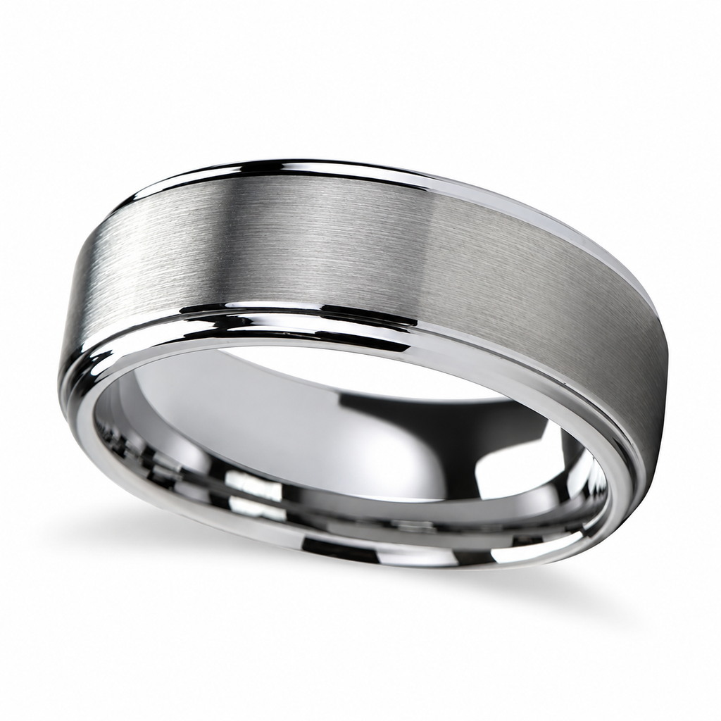 Raised Center Brushed Finish Tungsten Wedding Band (6mm) — Angled product view on white