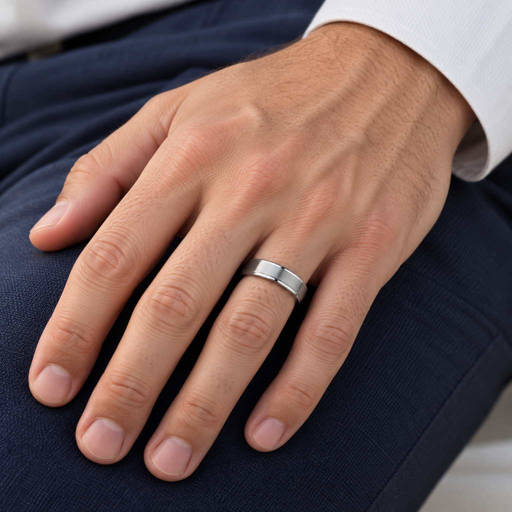 Raised Center Brushed Finish Tungsten Wedding Band (6mm) — Male hand wearing wedding band