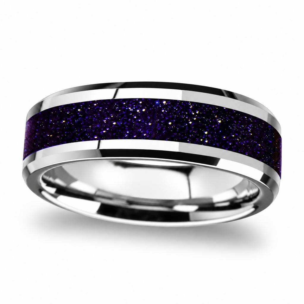 Beveled Tungsten Wedding Band w/ Purple & Black Goldstone Inlay (8MM) — Angled product view on white